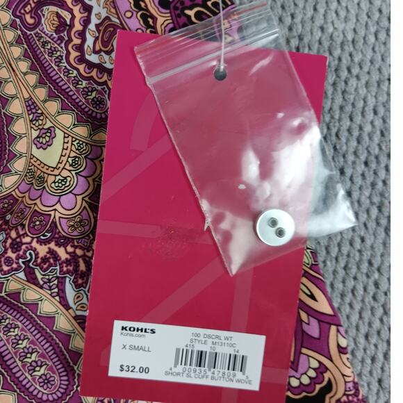 212 Collection Button Up Blouse Womens Extra Small Purple Paisley Stretch Casual - Picture 6 of 15